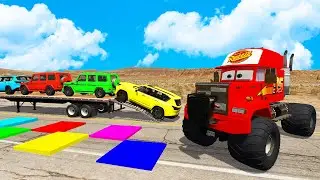 Triple Flatbed Trailer McQueen Transportation with Truck - Speedbumps vs Cars vs Train - BeamNG #13