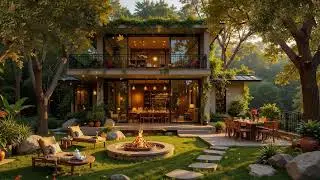 Smooth Jazz Garden Autumn Morning 🍁 Cozy Modern Home, Warm Fire Pit Glow & Relaxing Night Ambience