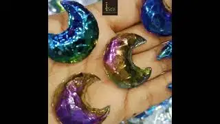 Titanium Coated Crystal Moons Carved Crescent Moon shape gemstone, Aura coated crystal Moon carving.