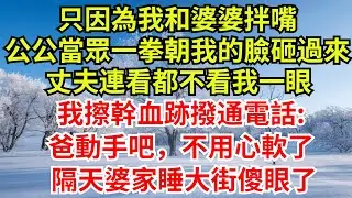 只因為我和婆婆拌嘴，公公當眾一拳朝我的臉砸過來，丈夫連看都不看我一眼，我擦幹血跡撥通電話:爸動手吧，不用心軟了!隔天婆家睡大街傻眼了 #完結故事#情感故事#爽文#婆媳關系#女频小说#故事分享#故事频道