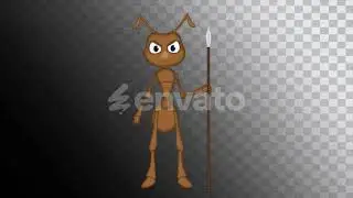 Cartoon 2D Alpha Guardian Ant Character Standing and Looking with Spear and Blinking