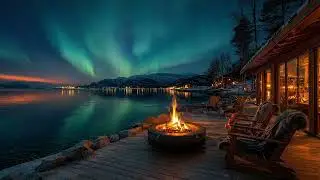 Calm Winter Night by the Lake | Northern Lights, Campfire Sounds