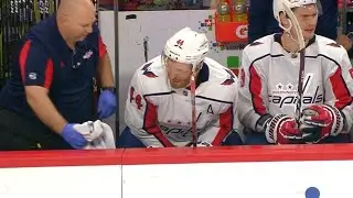 Orpik goes down after taking skate to the private parts