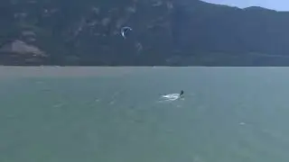 Aerial of kite boarder on water in Howe Sound