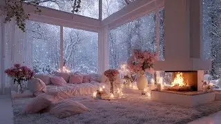 Cozy Winter Room Ambience with Pink Roses and Fireplace ❄️ Relaxing Music for Deep Sleep