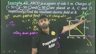 Ex-42 electric charges and field : ABCD is a square of side 5m .Charges of +50C, -50C and +50C are p