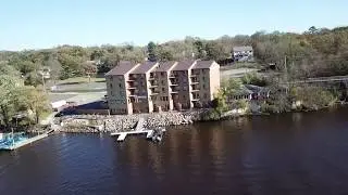 View from the Wisconsin River of Wisconsin Dells's First Boutique Hotel - Drone Style