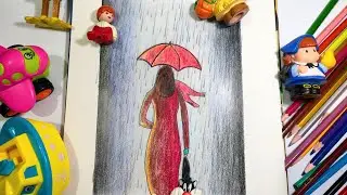 Girl In Rain Painting || Girl Walking in Rain - Pencil Colors Drawing ||Fine Art America#drawing#art