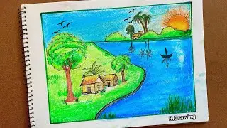 Easy Village Scenery Drawing | Sunset Landscape with River, Boat, Trees & Houses | Step by Step