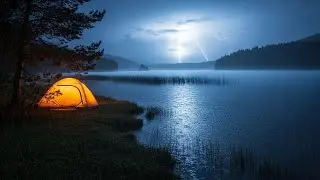Rainy Night by a Still Lake 🌧️ Warm Tent Light, Soft Thunder & Calm Water Ripples