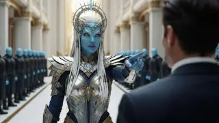 A Dramatic Confrontation Between Alien Ruler and Human in the Opulent Hall of Soldiers