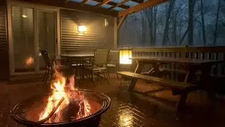 Back Deck Rainstorm With Crackling Fire | Peaceful Outdoor Night Ambience #asm