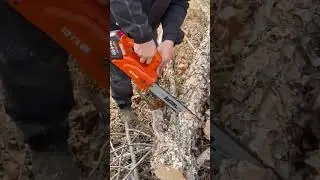 Man Using Orange Battery Powered Chainsaw To Cut Log