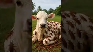 baby cow lying in field while covered in huge cockroaches #humanity #cow #animals #cartoon #funny