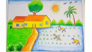 Easy Scenery Drawing | Paddy Field with farmer Scenery Drawing | Village Scenery Drawing