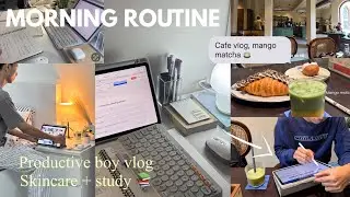 Morning routine 🌿🫧| productive boy vlog | study at cafe , making matcha , boy skincare , 