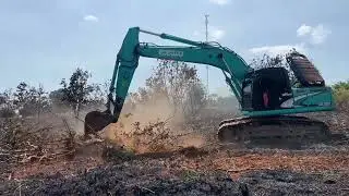 Excavator clears the trees from the farmland to make it clean. #kobelco 