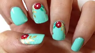 Christmas Nail Art: Floral Mint Green and Gold