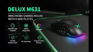 DELUX Wired MMO Gaming Mouse with 4 Interchangeable Side Plates, 12400DPI (M631-Black)
