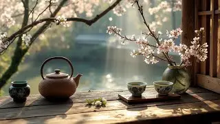 Relaxing Tea Jazz Music: A Serene Afternoon with Cherry Blossoms by the Lake.