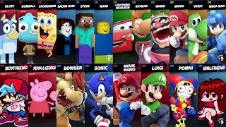 Sonic vs Peppa vs Mario vs Bluey vs SpongeBob vs Roblox vs Minecraft vs Car | Super Smash Bros
