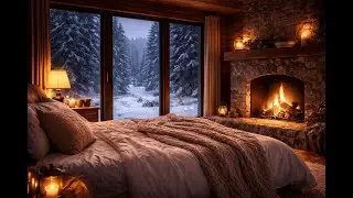 Cozy Snowy Cabin Bedroom with Fireplace Ambience 1 Hour