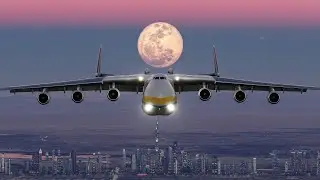 An-225 transport aircraft flying under the full moon
