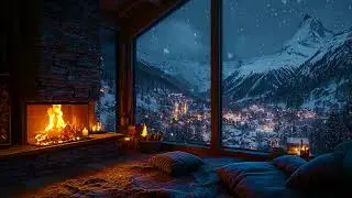Quiet Snowy Cabin Night Sounds with Warm Fireplace and Winter Snow for Deep Sleep & Stress Relief