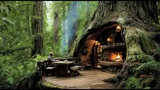 Primitive Survival Life | Building Tree Trunk Shelter with Fireplace, Heating & Cooking