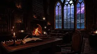 Rainy Night in an Ancient Castle Room 🕯️🏰 | Fireplace & Rain Sounds with Dark Harp for Sleep