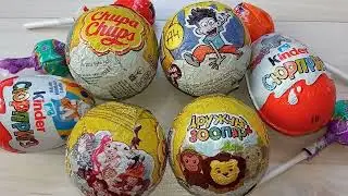 Learning colors with sweets  Bright ASMR 2 Kinder Surprise + 4 Chocolate Eggs + 4 Lollipops 2