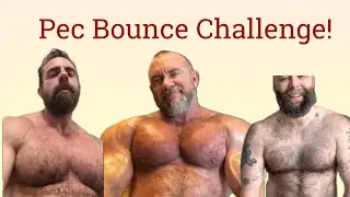 3 hairy muscle dudes on pec bounce challenge.