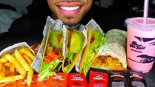 ASMR DEL TACO FRESH AVOCADO BEYOND MEAT VEGAN MUKBANG STRAWBERRY MILKSHAKE FRIES CALI BURRITO JERRY