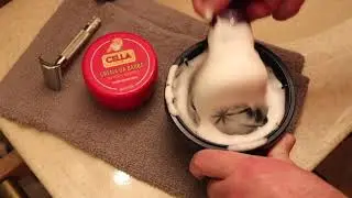 Cella shave soap lather in my Phoenix Artisan Accoutrements travel scuttle and my DS Cosmetic brush.