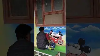 Mickey And Minnie Mouse Driving A Car School Wall Painting #Shorts #cartoon #braj art