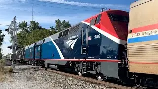 Amtrak P051 with AMTK 517 B32-8W leading with two brand new P42C&rsquo;s 9703 and 9704 in St John IN