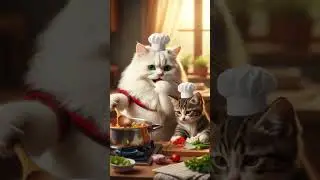 A beautiful, cute big cat and a little cat are cooking food, happily, in a cozy light.