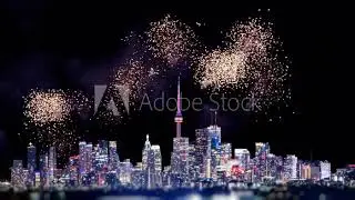 Toronto Canada cityscape with fireworks, artistic