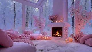 Cozy Pink Winter Cabin Ambiance: 3 Hours of Fireplace Crackling & Heavy Snowfall (No Music)