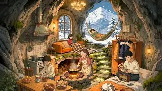 Cozy Cave Home Build: Snowstorm Outside, Firepit Dinner Inside (Family Van Life) | Ghibli-Style ASMR