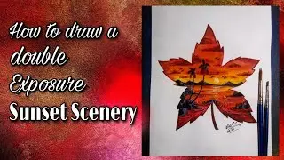 how to draw a Sunset scenary ||double exposure easy water colour painting step by step