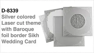 Silver colored Laser cut theme with Baroque foil border Sikh Wedding Card. D-8339
