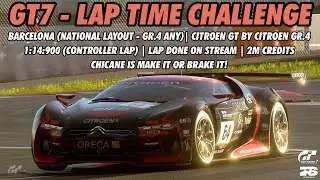 GT7 - Lap Time Challenge (Barcelona National Layout Gr.4 Any) Citroen GT by Citroën Gr.4 (1:14:900)