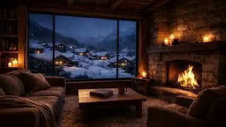 Alpine Winter Cabin Glow | Snowy Village View & Cozy Fireplace Ambience