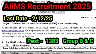 Aiims Recruitment Post 1383 #aiims #norcet #CRE4 #nursingofficer #pharmacist #assistant #technician