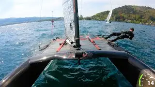 A-Class catamaran upwind foiling 18kn - testing new Mischa battens - racing a moth