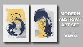 Modern Abstract Art Set Nirvana, Yellow Blue Grey Paintings, Large Brush Strokes s2-w2-06
