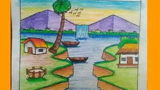 Beautiful waterfall scenery drawing | How to draw scenery /drawing tutorial @EasyDrawing24 #scenery 