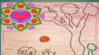 Ghar, Ped aur Mandala Heart वाला गाँव का Drawing | Easy Pencil + Oil Pastel
