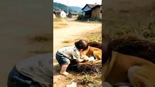 A cute human child starts running away with a puppy and the dog runs after the human child #ai #dog